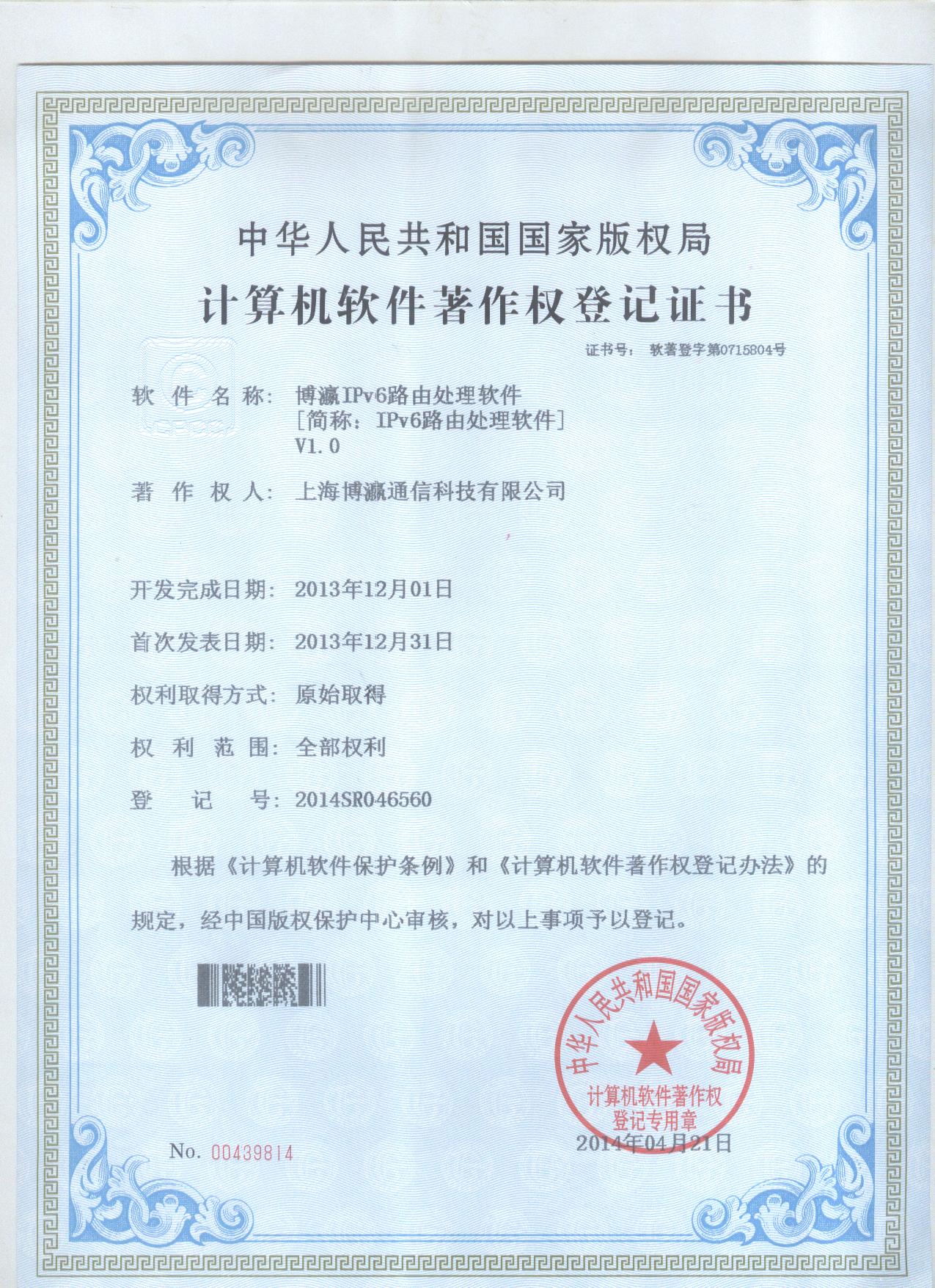 IPv6路由处理软件V1.0